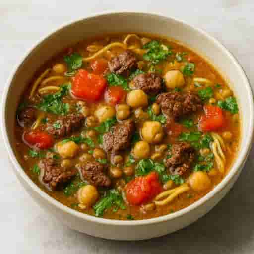 Hearty Moroccan Harira—Beef, Noodles & Legumes