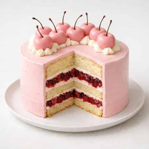 Pink Cherry Layer Cake with Mascarpone Cream